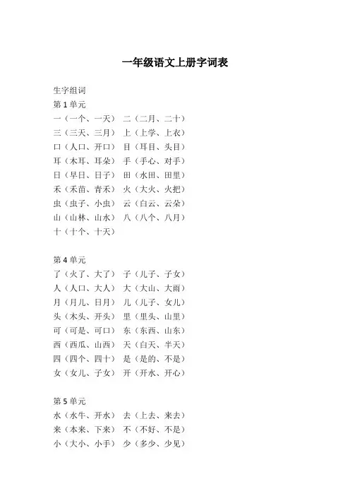 部编版一年级上册语文生字表