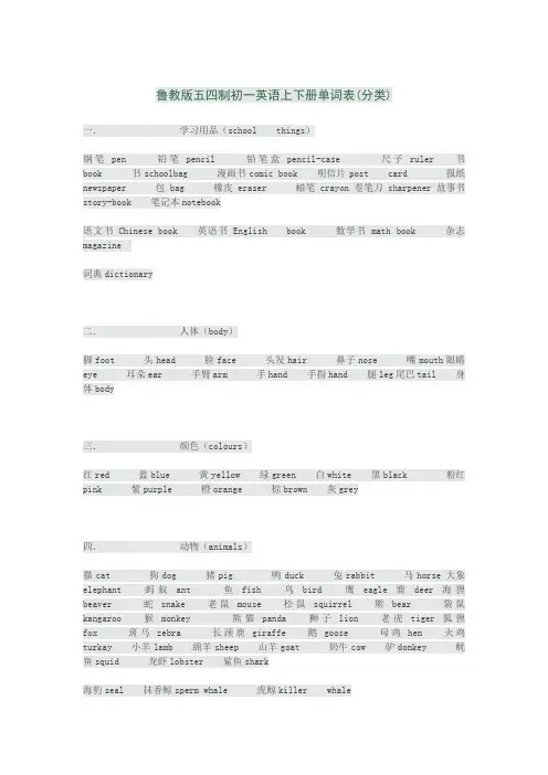 鲁教版五四制初一英语上(下册)单词表(分类)