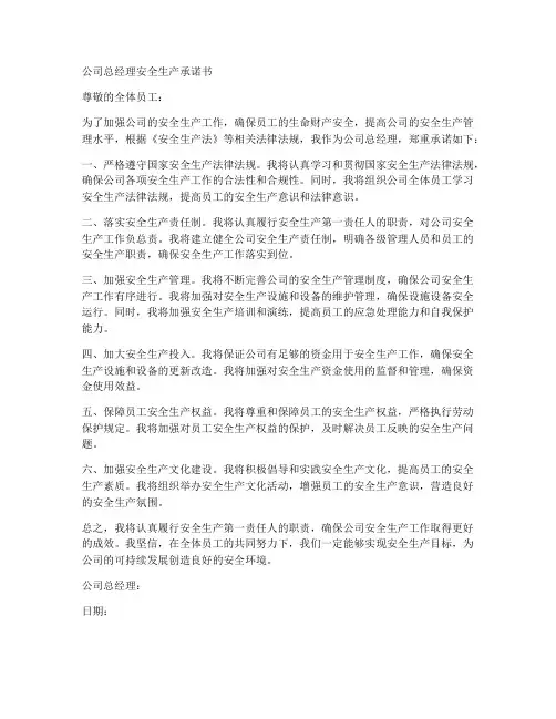 公司总经理安全生产承诺书