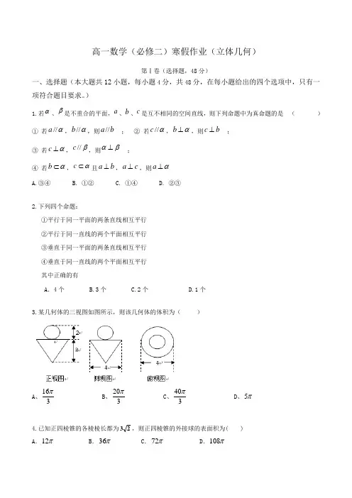 高一数学(必修二)寒假作业(立体几何)Word版含答案