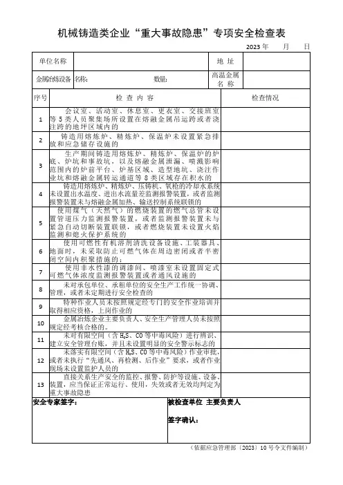 机械铸造重大隐患检查表2023