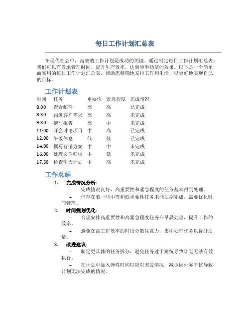 每日工作计划汇总表