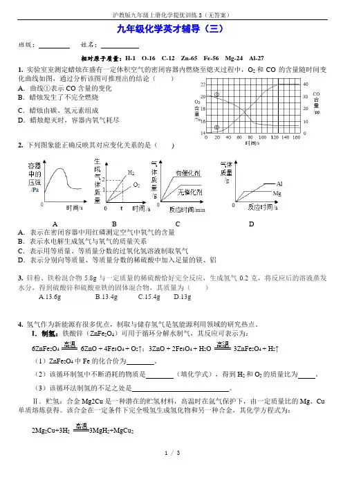 沪教版九年级上册化学提优训练3(无答案)