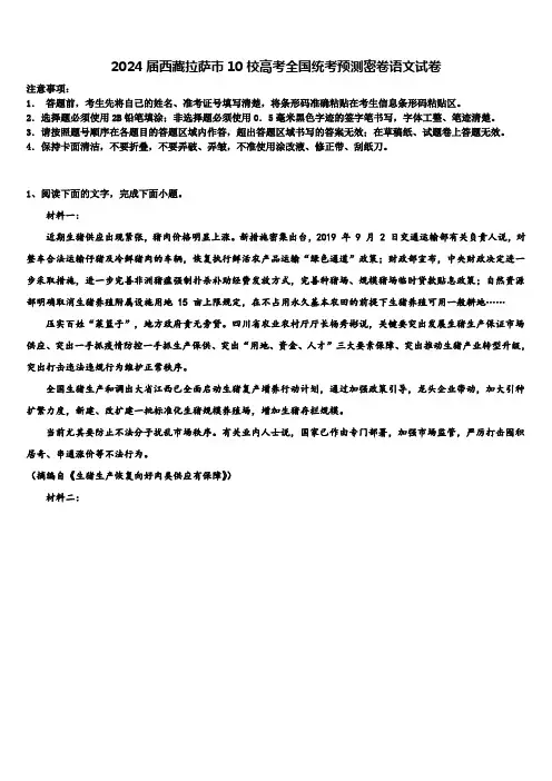 2024届西藏拉萨市10校高考全国统考预测密卷语文试卷含解析