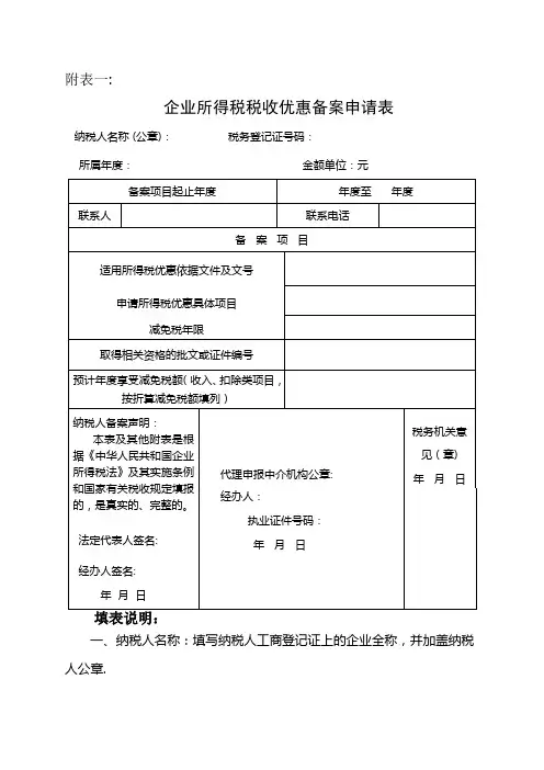 企业所得税税收优惠备案申请表