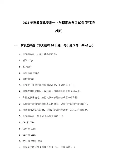 2024年苏教版高一上学期期末化学试卷及答案指导