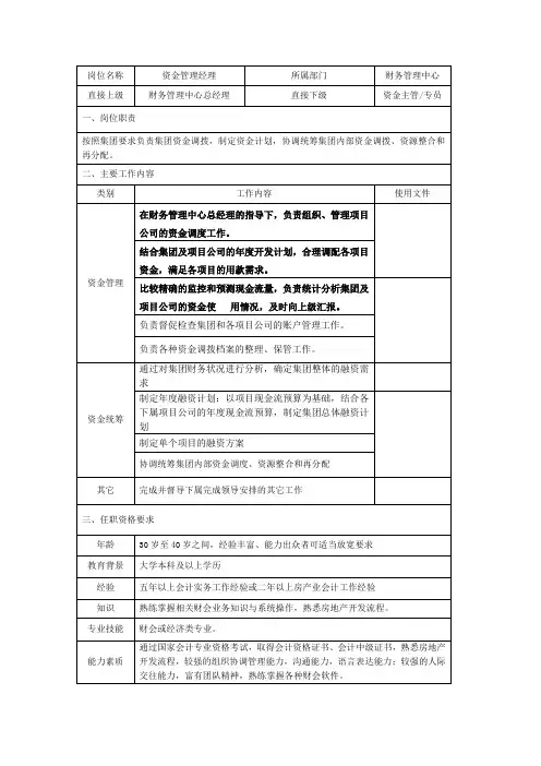 资金管理经理岗位说明书