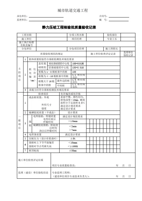 城市轨道交通工程静力压桩工程检验批质量验收记录