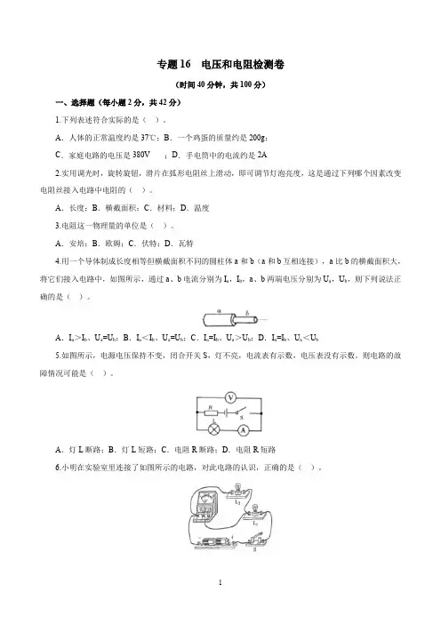 专题16 电压和电阻(检测卷)-2020年中考物理一轮复习讲练测(原卷版)