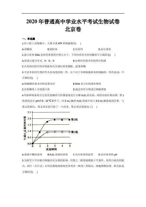 2020年普通高中学业水平考试生物试卷 北京卷 (含答案)