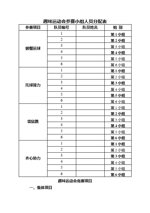 趣味运动会参赛小组人员分配表