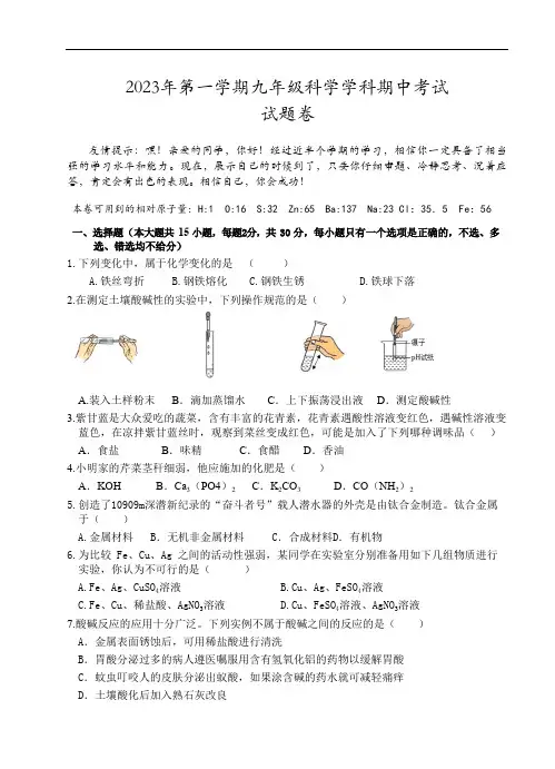 2023学年第一学期九年级期中测试-科学试题卷