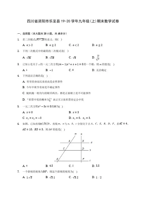 四川省资阳市乐至县19-20学年九年级(上)期末数学试卷 (含答案解析)