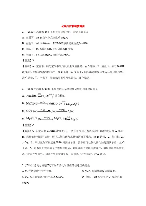 2012-2020江苏高考化学选择题专题分类(答案+解析)专题七 化学反应与物质转化