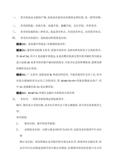 货币银行学重点内容复习
