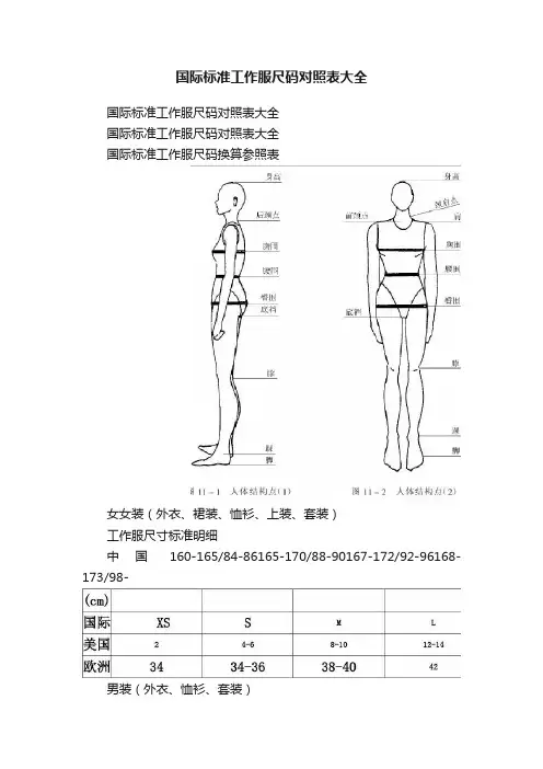 国际标准工作服尺码对照表大全