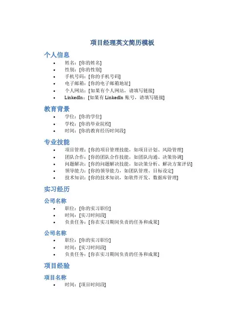 项目经理英文简历模板