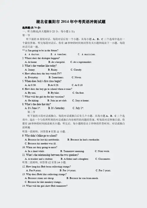 湖北省襄阳市2014年中考英语冲刺试题
