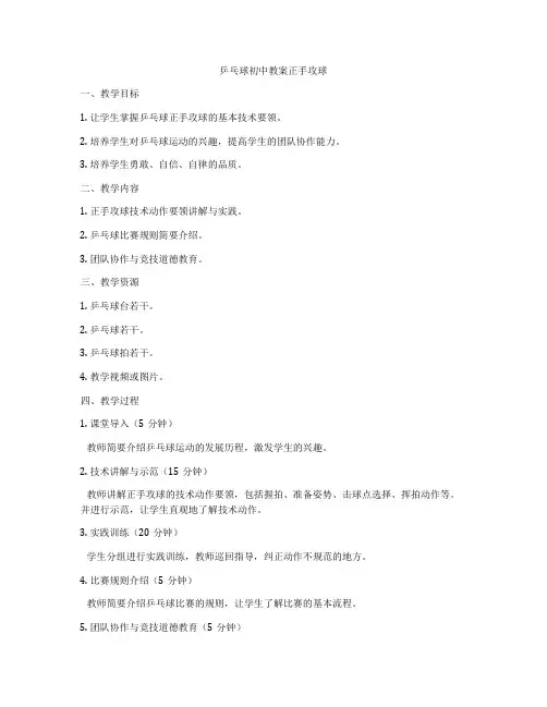 乒乓球初中教案正手攻球