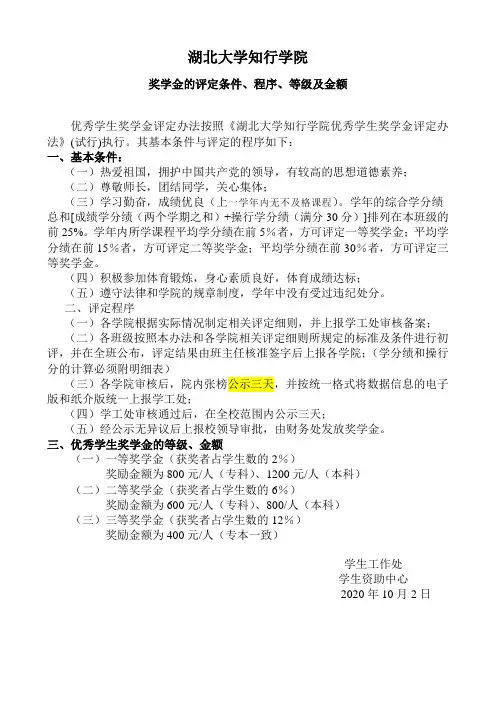 奖学金的评定条件、程序、等级及金额