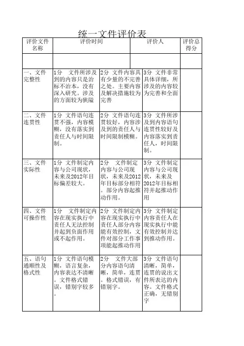 统一文件评价表