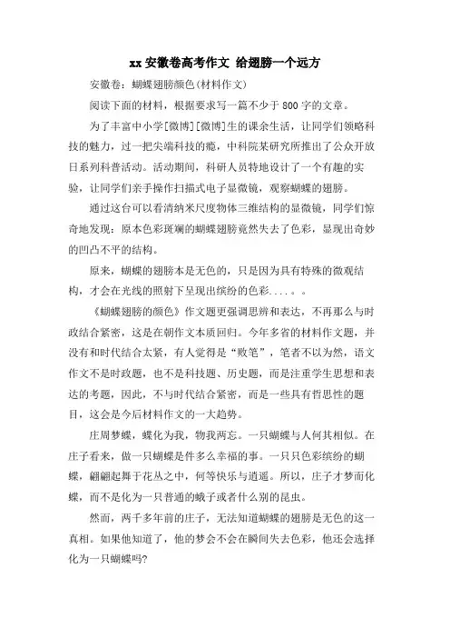 xx安徽卷高考作文 给翅膀一个远方
