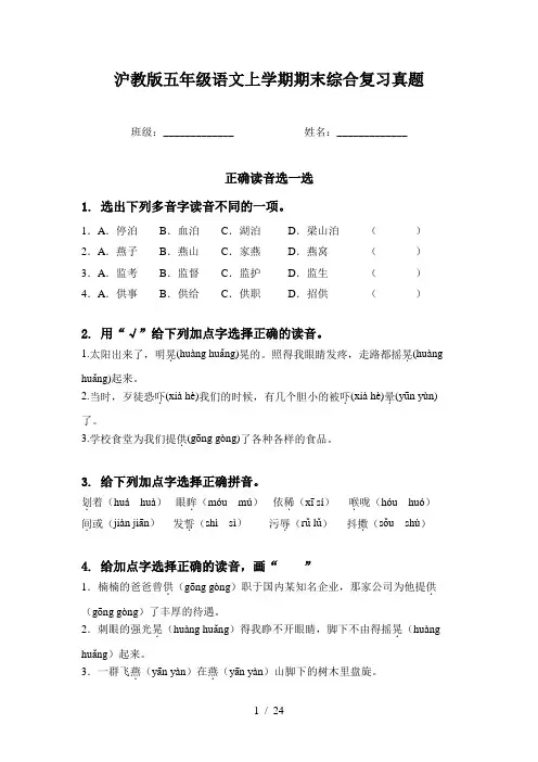 沪教版五年级语文上学期期末综合复习真题