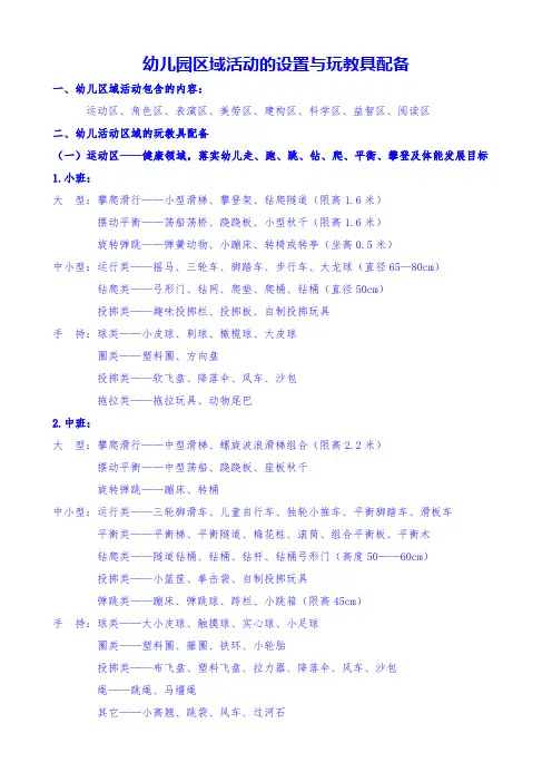 幼儿园区域活动设置及玩教具投放目录