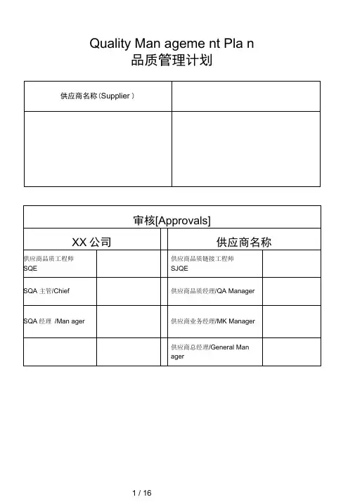 供应品质管理计划QMP