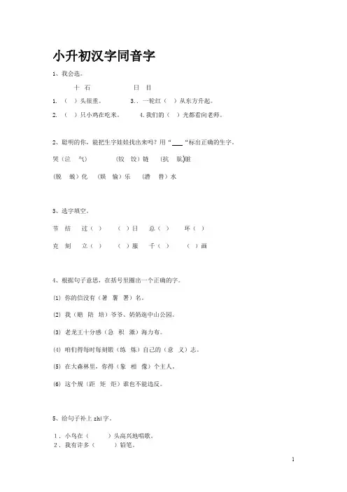 2019届小升初语文专题复习--汉字同音字(含答案)