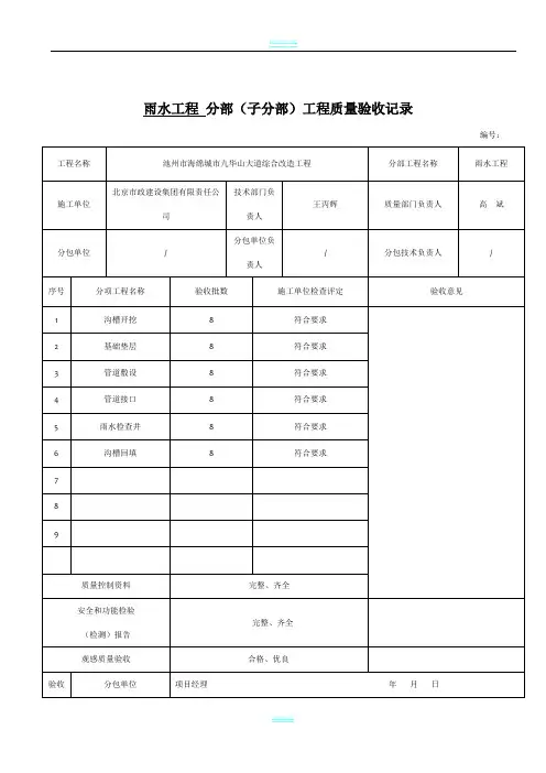 市政雨水管道工程检验批质量验收记录表