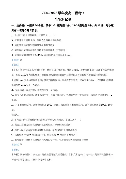 广东省揭阳市2024-2025学年高三上学期9月月考生物试题 含解析