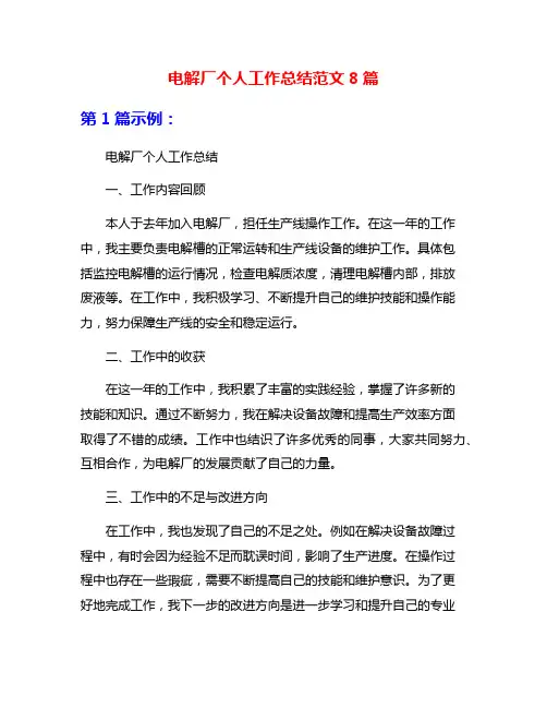 电解厂个人工作总结范文8篇