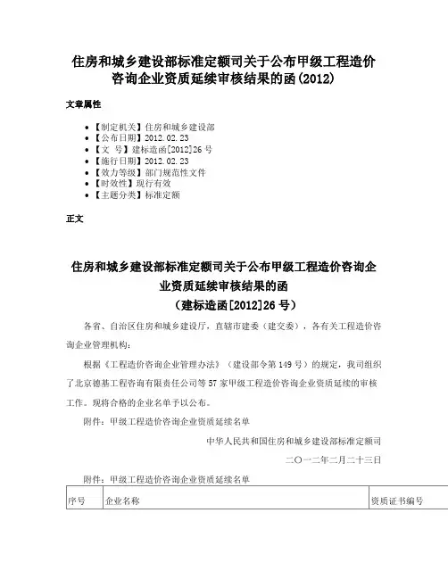 住房和城乡建设部标准定额司关于公布甲级工程造价咨询企业资质延续审核结果的函(2012)