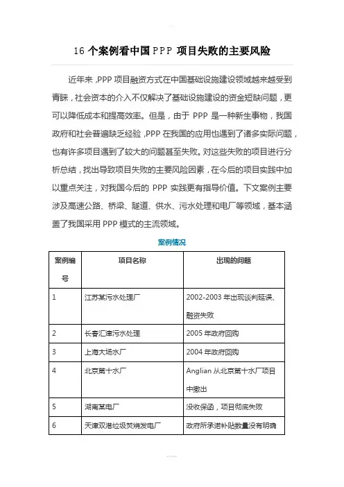 16个案例看中国PPP项目失败的主要风险