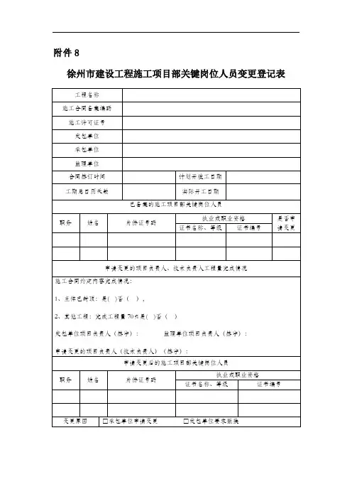 徐州市建设工程施工项目部关键岗位人员变更登记表