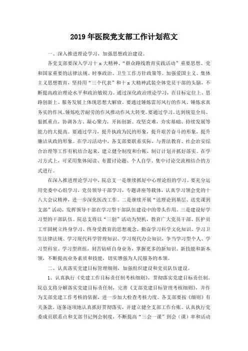 2019年医院党支部工作计划范文(推荐)
