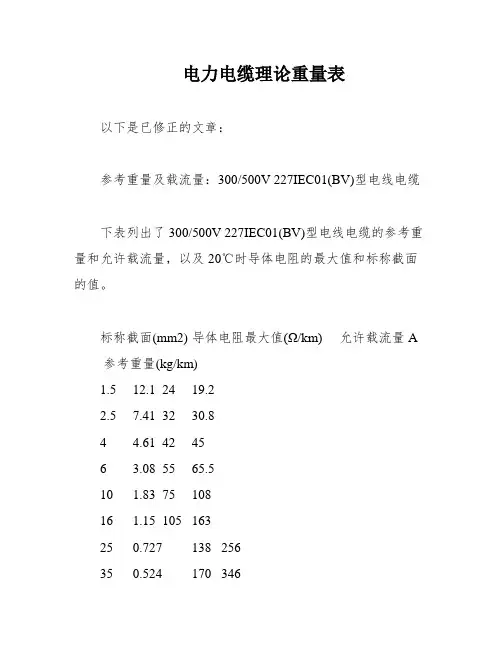 电力电缆理论重量表
