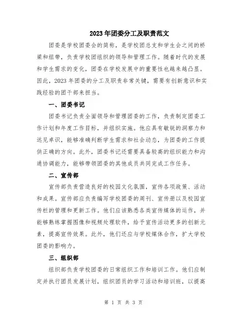 2023年团委分工及职责范文