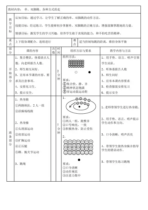 单双脚跳各种方式的走(教案)人教版体育一年级上册