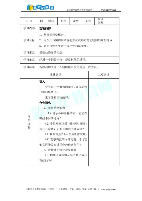 动物的卵 学案(表格式)
