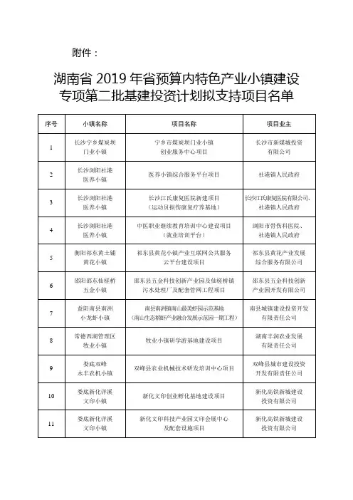 湖南省2019年省预算内特色产业小镇建设专项第二批基建投资计划拟支持项目名单【模板】