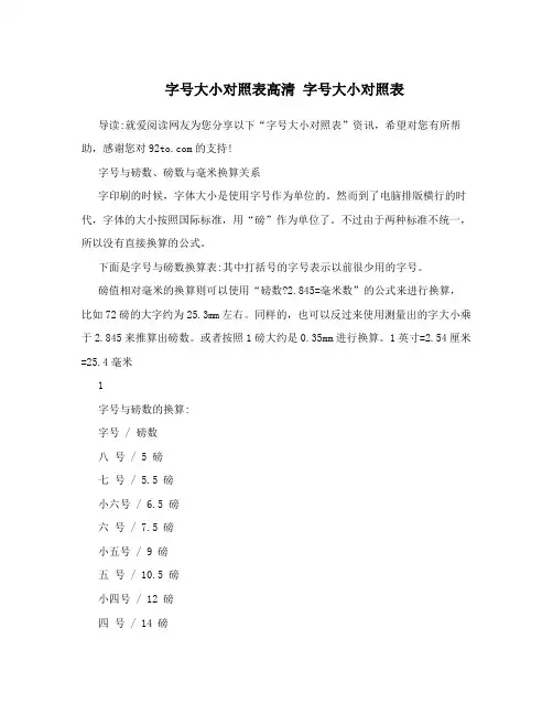 字号大小对照表高清 字号大小对照表