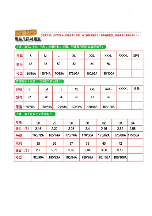 (完美)尺码对照表衣服,裤子,鞋大小尺寸