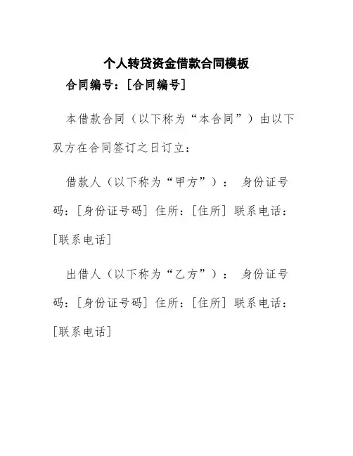 个人转贷资金借款合同模板