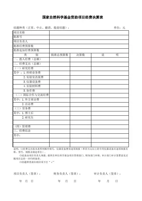 国家自然科学基金资助项目经费决算表