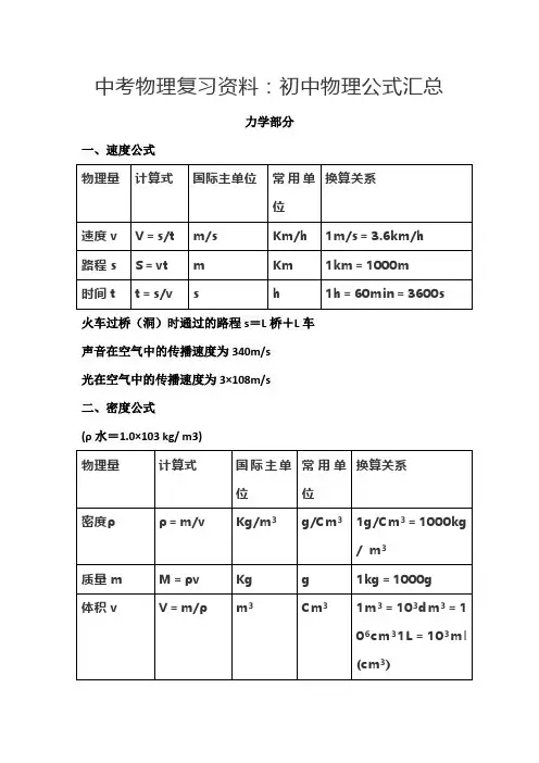 初中物理公式汇总