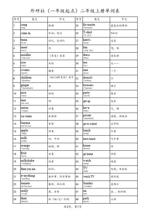 外研社一起点二年级上册单词表