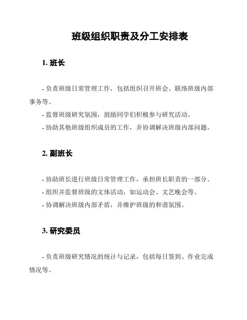 班级组织职责及分工安排表