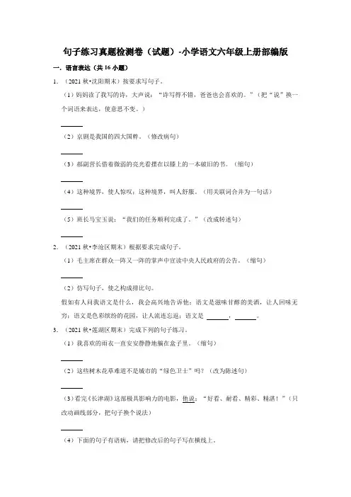 句子练习真题检测卷(试题)部编版语文六年级上册